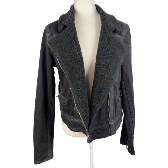 PAIGE Sydney Moto Jacket Night Flight Sherpa Coated Black Stretch Denim Large - Picture 13 of 16